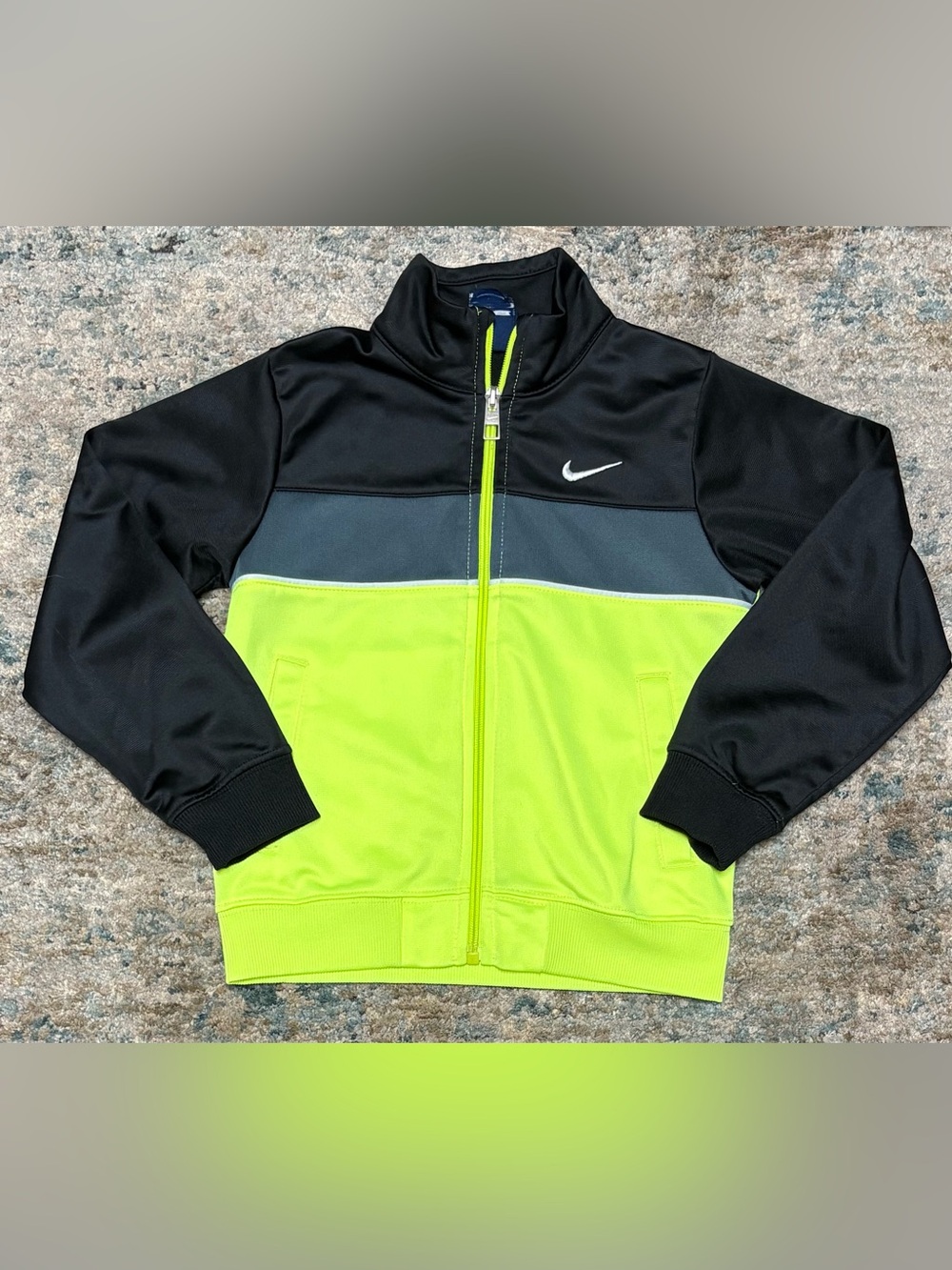 NIKE Full Zip Track Athletic Jacket Black Neon Yellow Colorblock Boys Kids Sz 4